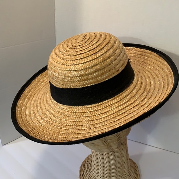VINTAGE HAT TIGHT STRIP STRAW /w BLACK RIBBON BAND/EDGING PINK SILK FLOWER